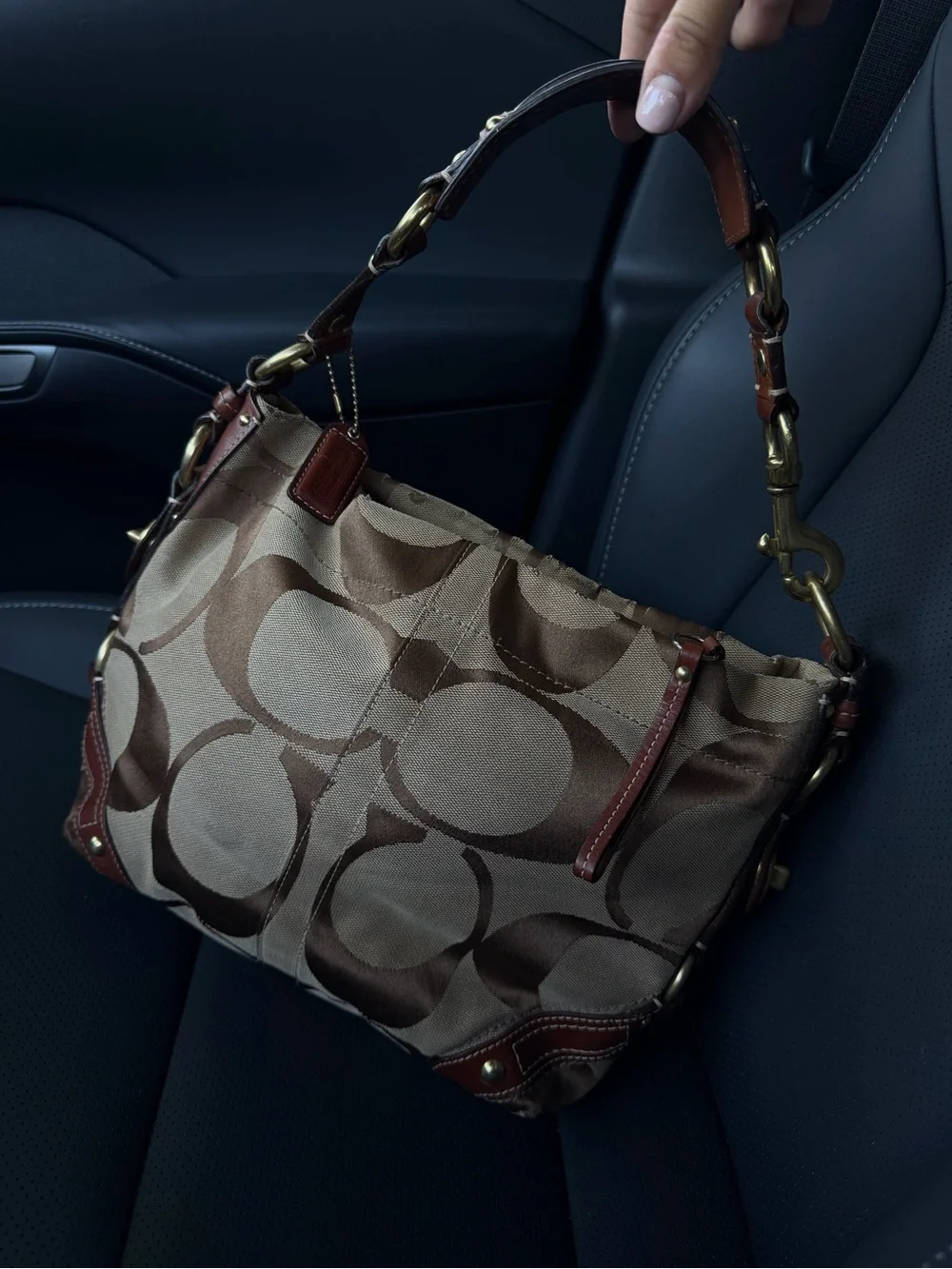 Coach Carly Signature Brown Khaki Jacquard Leather Shoulder Bag Y2K Boho